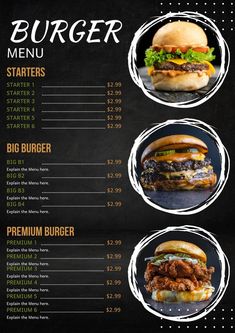 posters, poster, flyers, brochure, menu Burger Menu Design Ideas, Hamburger Menu Design, Burger Menu Design, Burger Names, Hamburger Sandwich, Funny Burger, Black Burger, Menu Burger, Hamburger Menu