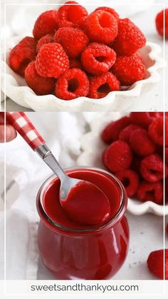 raspberry sauce in a jar and fresh raspberries