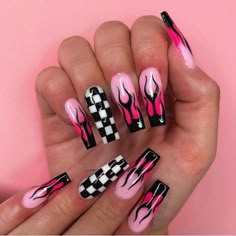 Checkered Nails, Halloween Acrylic Nails, Punk Nails