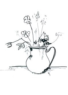 black and white drawing of flowers in a vase