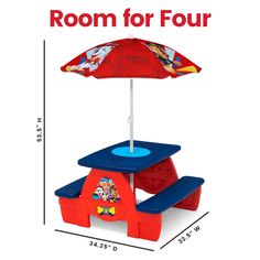 the room for four table and umbrella set is red, blue, and white with mickey mouse characters on it