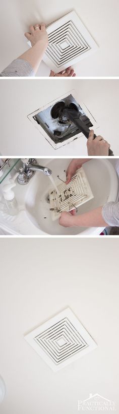 three pictures showing how to fix a bathroom exhaust fan with the help of two hands