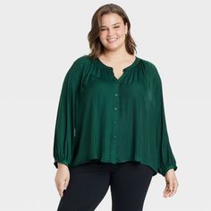 This Balloon Long-Sleeve V-Neck Blouse from A New Day™ makes a stylish addition to your casual get-togethers or office wear. This blouse fashioned in a standard-fit silhouette features a V-neckline, front button-down and balloon long-sleeve for fashion-forward flair. The V-neck blouse is made from lightweight fabric for a comfortable fit, and is ideal for pairing with your choice of bottoms to create a range of versatile styles. A New Day™: Style that goes wherever you do. Tie Front Blouse, Satin Shirt, V Neck Blouse, Blouse Styles, Office Wear, Shop Blouses, A New Day, Lightweight Fabric, New Day