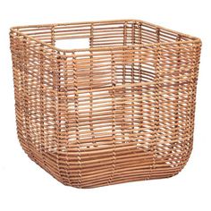 a basket that is made out of wicker and has a square handle on the side