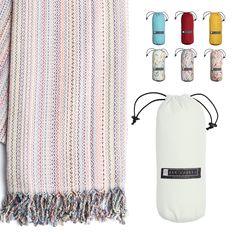 an assortment of items including a scarf, pouch and other accessories are shown in this image