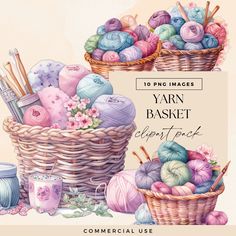 two baskets filled with yarn and knitting needles next to a sign that says yarn basket expert