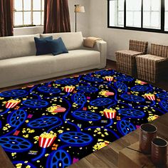 a living room area rug with popcorn and stars on it