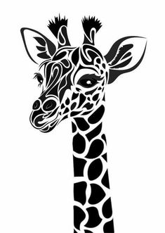 a giraffe's head is drawn in black and white with an intricate pattern