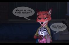 an animated fox holding a cat and talking to another person with a speech bubble above it