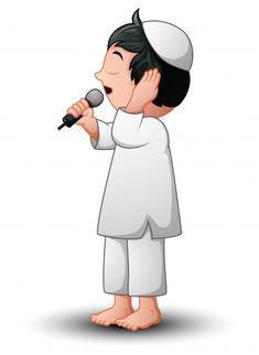 a boy singing into a microphone with his hands in the air and wearing white clothes