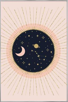 the sun, moon and stars are in this black frame with gold lines on it