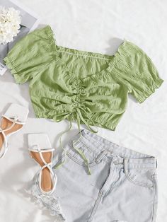 Green Casual Collar Short Sleeve Woven Fabric Plain Top Embellished Slight Stretch Summer Women Clothing Colorful Crop Tops, Trendy Outfits For Teens, Trendy Summer Outfits, Cute Preppy Outfits, Cute Summer Outfits