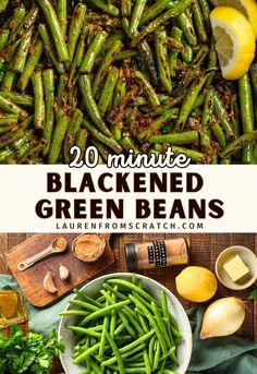 green beans in a bowl with lemons and parsley on the side