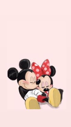 mickey and minnie mouse hugging each other with the background painted in pink, yellow and black