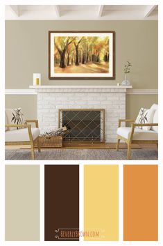 a living room color scheme with neutrals, browns and yellow colors in the fireplace