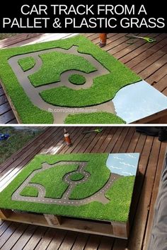 an outdoor play area made out of fake grass with the words car track from a pallet and plastic grass