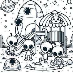 an alien playground with three little aliens playing in it