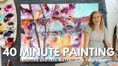 a woman standing in front of paintings with the words 40 minute painting