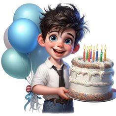 a boy holding a birthday cake with candles on it