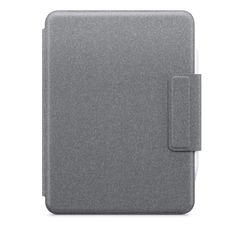 an ipad case with a pocket on the front and side, in dark gray fabric