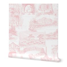 a pink and white wallpaper with an image of a town on the side of it