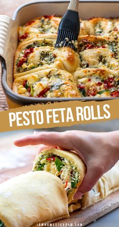 a hand holding a piece of bread with pesto and feta rolls in it