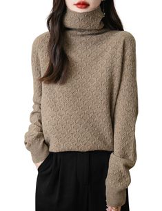 Features: Stay warm and stylish this fall and winter with our Turtleneck Women's Knit Sweater. Made with 100% Merino wool, this sweater is not only soft and comfortable, but also features a unique hollow out design for added visual interest. Perfect for any occasion, this long sleeve top will keep you cozy and on-trend. Elegant Cable Knit Turtleneck For Fall, Elegant Cable Knit Turtleneck Sweater, Elegant Textured Knit Turtleneck For Fall, Winter Textured Knit Cashmere Turtleneck, Beige Fine Knit Winter Turtleneck, Winter Beige Fine Knit Turtleneck, Beige Knitted Turtleneck For Winter, Cashmere Long Sleeve Turtleneck For Fall, Elegant Wool Sweater For Winter