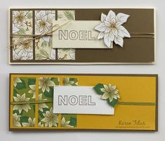 two handmade cards with flowers on them, one is yellow and the other is brown