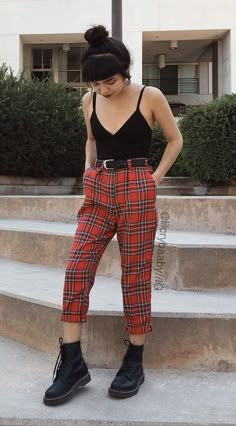 Black cami top with red tartan plaid pants & Dr Martens shoes by lilcrybaaby - #grunge #fashion #alternative Grunge Alternative Fashion, Mixed Aesthetic, Fashion Advice Woman, Red Plaid Pants, Doc Martens Outfit, Goth Outfit, Outfits 2023, Outfit Trends