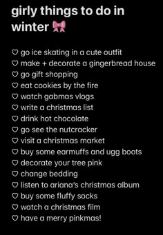 Pink Pilates Princess Christmas List, Things To Do This Winter, Coquette To Do List, Things To Do With Friends Winter, How To Romanticize Winter, Winter Activities With Friends, Winter Romanticizing, Girly Winter Aesthetic, Girly Things To Do