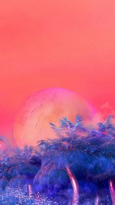 an artistic painting of palm trees in front of a pink and blue sky with the moon behind them