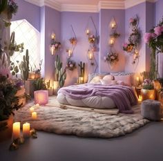 a bedroom with purple walls and lots of candles on the floor, including cacti