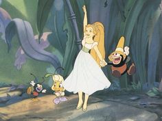 the princess and the frog are dancing together in front of some cartoon characters, one holding her hand up