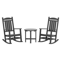 three rocking chairs and a table on a white background