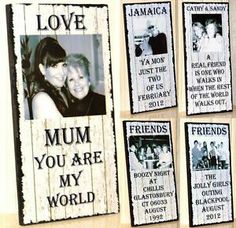 four framed pictures with the words, love, and family on them are hanging on a wall