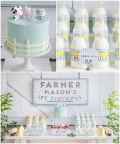 a collage of photos with cakes, milk bottles and farm animals on display at a baby's first birthday party