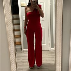 Never Worn, Size 6 Red Fitted Pants For Evening, Evening Fitted Red Pants, Fitted Pantsuit For Party, Red Jumpsuits And Rompers For Holiday Night Out, Red Holiday Jumpsuits And Rompers For Night Out, Red Jumpsuits And Rompers For Night Out And Holiday, Red Fitted Jumpsuits And Rompers For Party, Fitted Holiday Jumpsuits And Rompers, Red Holiday Jumpsuits And Rompers For Evening