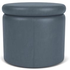 a grey stool with a round seat on it's back and the top half covered in leather