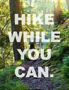 a man riding a bike down a forest trail with the words hike while you can