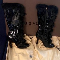 Black Patent Leather With Rabbit Fur Trim And Satin Bow Accents. I Have Two New Heel Replacements That Go With It Along With The Original Box And Dust Bags. The Box Is Worn. The Boots Are In Excellent Used Condition. Worn Less Than 5 Times. Size 37 Italian. I Am Able To Get An Authentication Card Louis Vuitton Boots, Fur Boots, Vintage Louis Vuitton, Satin Bow, Rabbit Fur, Black Patent Leather, Fur Trim, Shoes Women Heels, Patent Leather