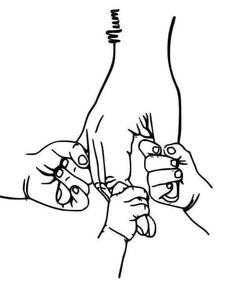 two hands holding each other with one hand pointing at the other's finger, while another