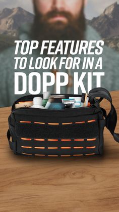 a man's face is shown in the back pocket of a dopp kit