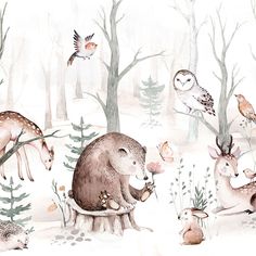 an illustration of animals in the woods with trees