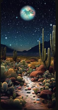 the night sky is full of stars and cacti, with a stream running through it