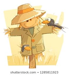 a scarecrow with two birds on his shoulder