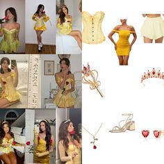 there are many pictures of women in yellow outfits