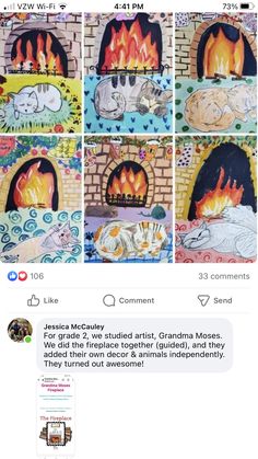 an instagramt with pictures of cats and fire in the fireplaces on it