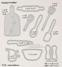 kitchen utensils cut out from paper with measurements and numbers for cutting them into shapes