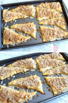 two pans filled with food sitting on top of a table