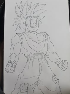 a drawing of gohan from dragon ball is shown in black and white, with one hand on his hip